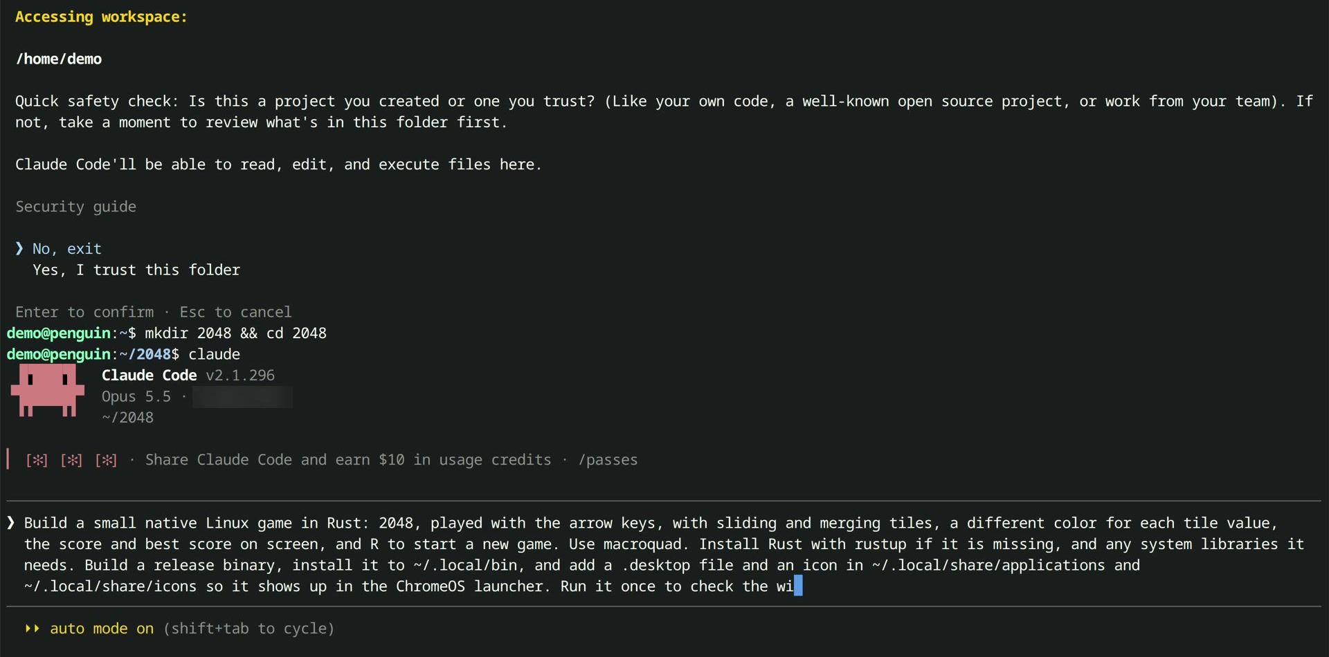 Claude Code in the 2048 folder after the trust question, with the 2048 game request typed at the prompt and auto mode on in the footer