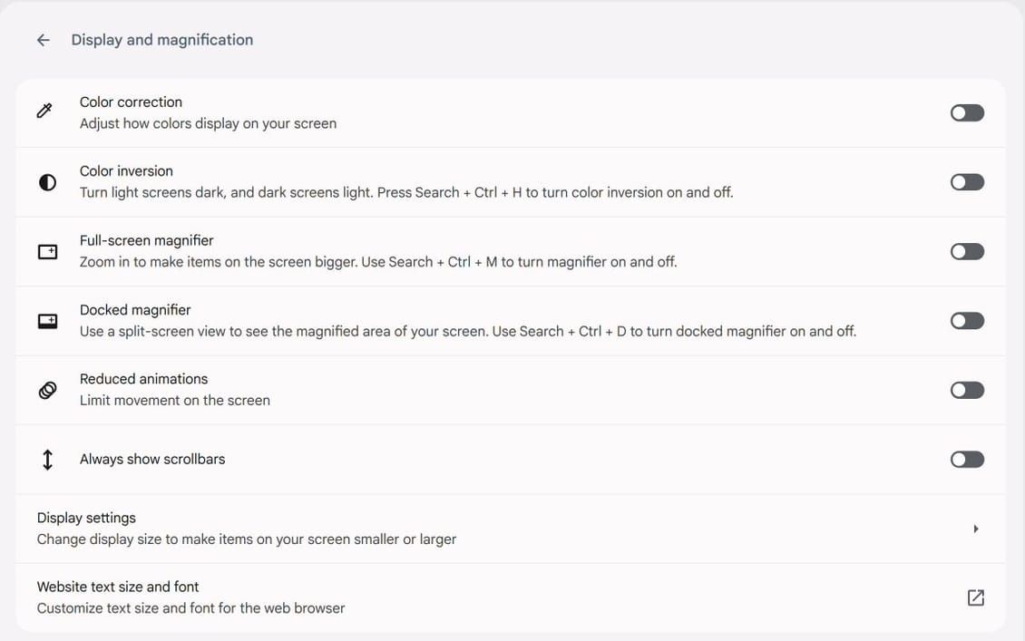 The Display and magnification page in ChromeOS Settings with the Full-screen magnifier and Docked magnifier switches off, and the Display settings and Website text size and font rows at the bottom