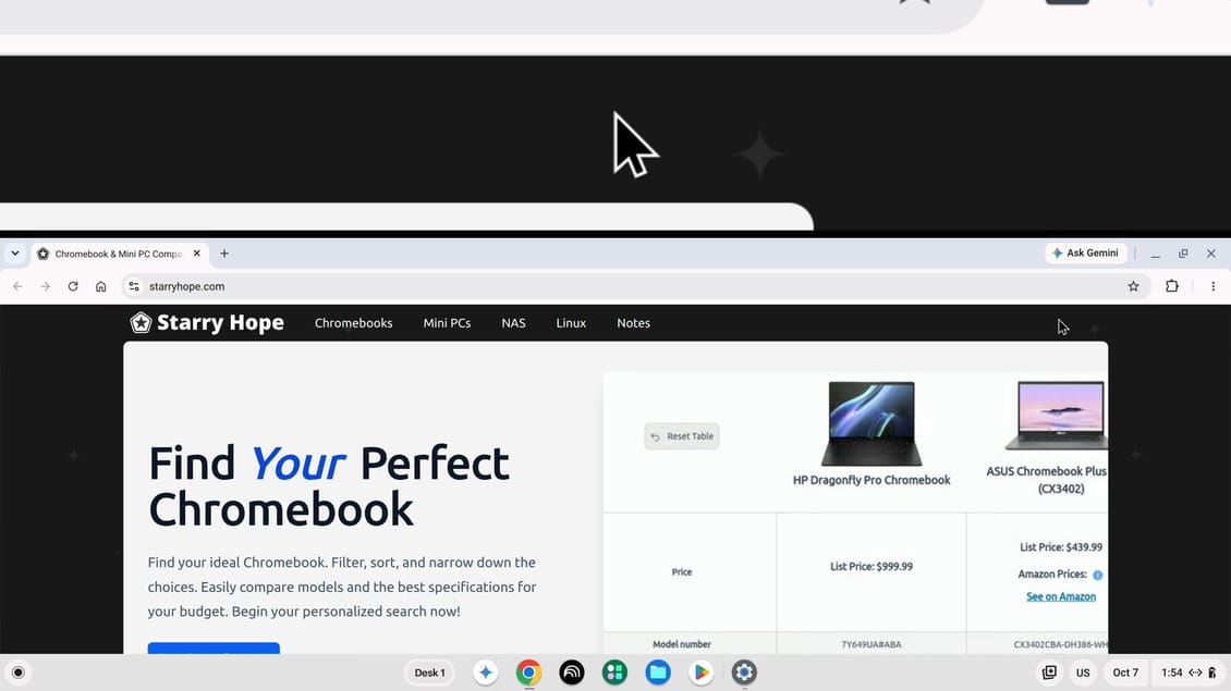 The docked magnifier on a Chromebook: the top of the screen shows a large copy of the area around the pointer, and a Chrome window with the Starry Hope home page sits below it