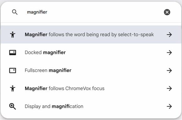 ChromeOS Settings search with magnifier typed in, listing Docked magnifier, Fullscreen magnifier, and Display and magnification among the results