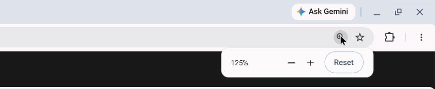 The zoom icon at the right end of the Chrome address bar, with its bubble open showing 125%, minus and plus buttons, and a Reset button