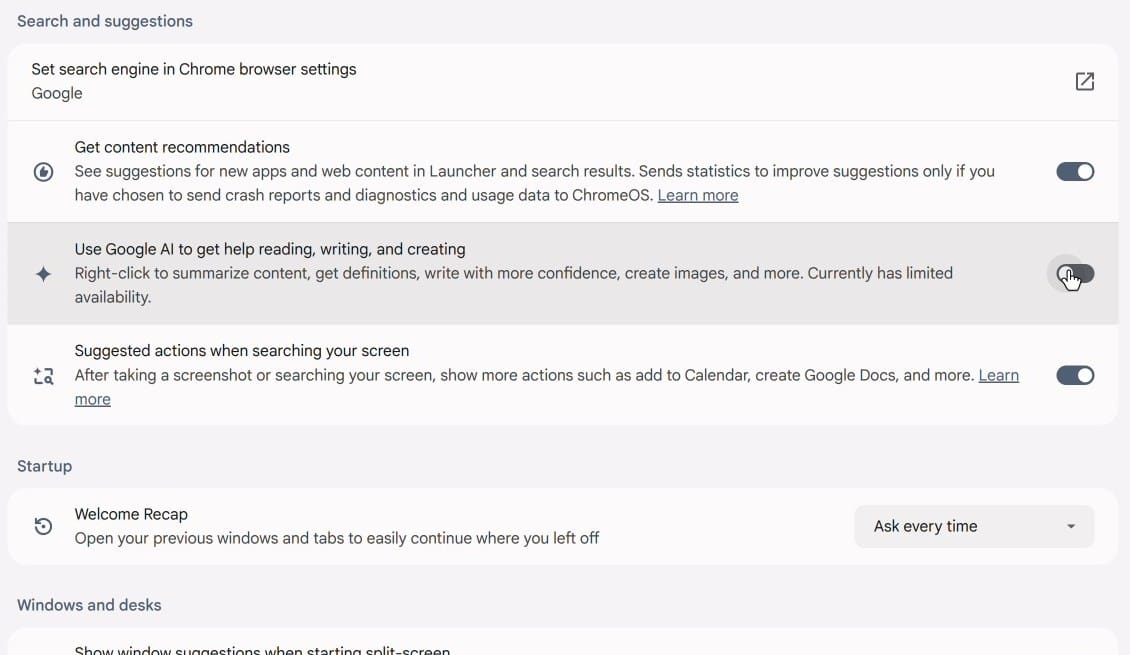 The same Settings section with the main Google AI switch turned off, the three feature rows folded away, and Suggested actions when searching your screen still on below it
