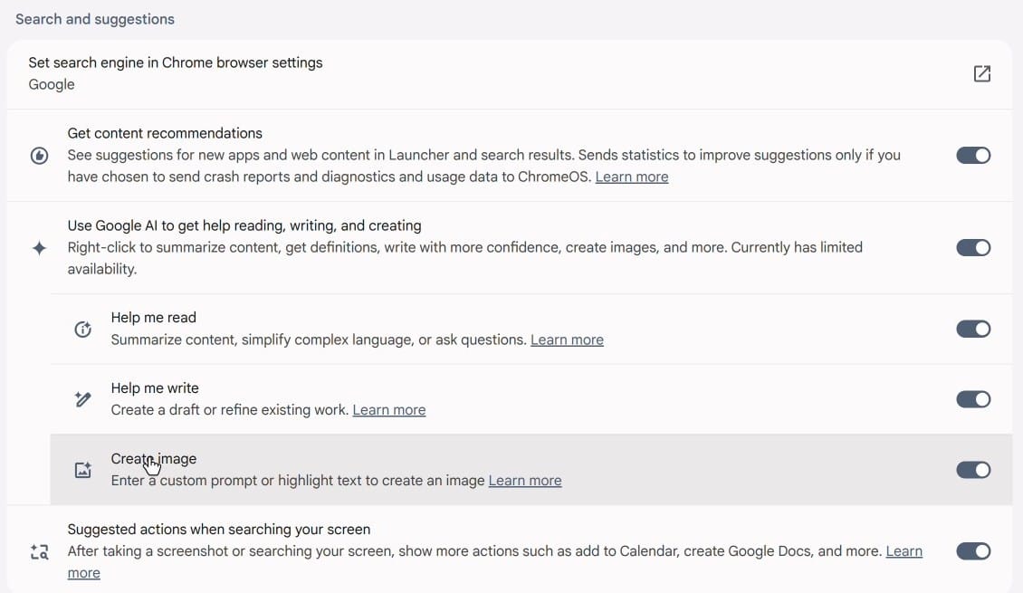 ChromeOS Settings, Search and suggestions section, with the main switch Use Google AI to get help reading, writing, and creating and the Help me read, Help me write, and Create image switches under it, all on