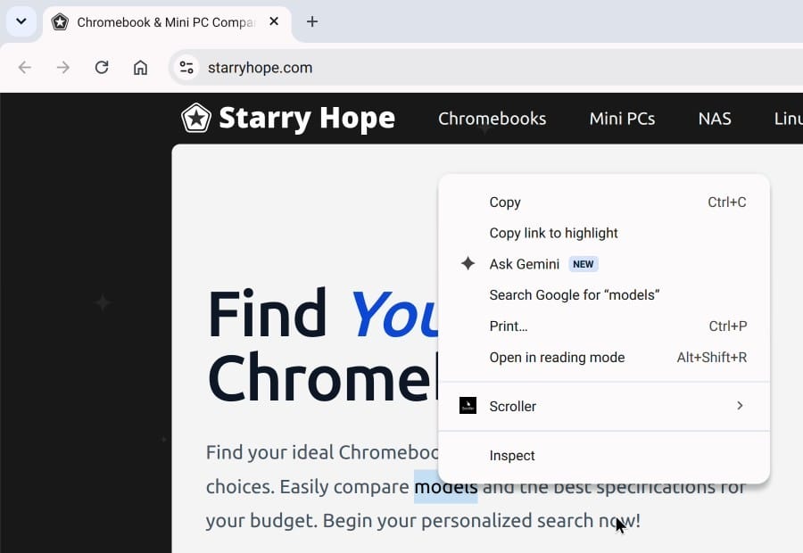 The same right-click menu after Help me read is turned off: no Help me read card, and the Ask Gemini row is still in the menu