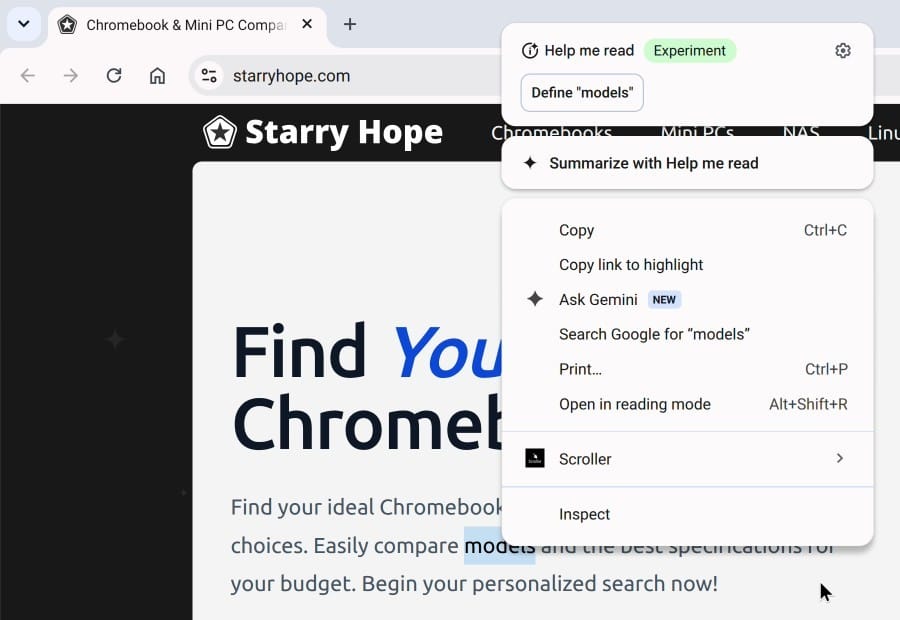 Chrome on a Chromebook Plus with the right-click menu open on a word, showing the Help me read card with a Define button for the word models and a Summarize with Help me read row above the menu