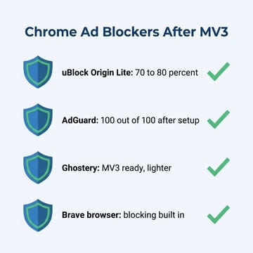 Vertical list titled Chrome Ad Blockers After MV3 comparing uBlock Origin Lite, AdGuard, Ghostery and Brave