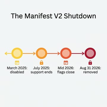 Horizontal timeline titled The Manifest V2 Shutdown with four milestones from March 2025 disabled to August 31 2026 removed