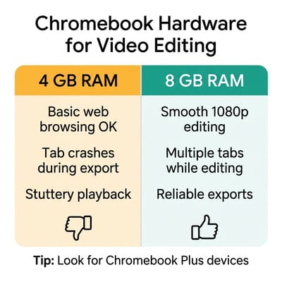 Hardware requirements for video editing on Chromebook: 4GB vs 8GB RAM comparison