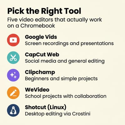 Comparison of video editing tools on Chromebook: Google Vids, CapCut Web, Clipchamp, WeVideo, and Shotcut for Linux