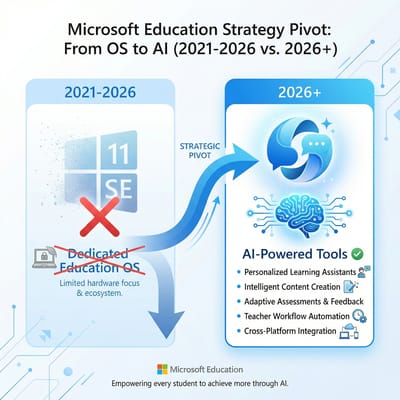 Infographic showing Microsoft's pivot from dedicated education OS to AI-powered tools