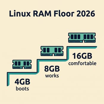Infographic showing RAM tiers for desktop Linux in 2026: 4GB boots, 8GB works, 16GB is comfortable