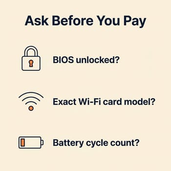 Infographic listing the three most important questions to ask a used laptop seller: BIOS password status, exact Wi-Fi card model, battery cycle count