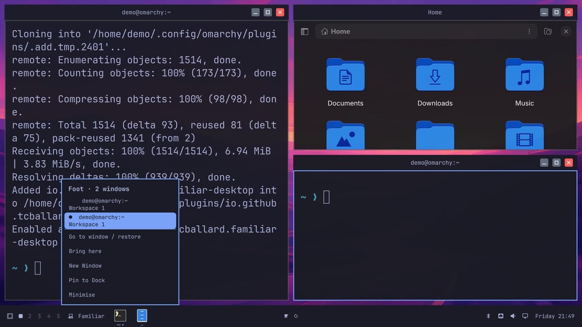 The taskbar menu for the terminal, titled Foot with 2 windows, listing two terminal windows on Workspace 1 and the actions Go to window or restore, Bring here, New Window, Pin to Dock, and Minimise, with the file manager window also open at the top right