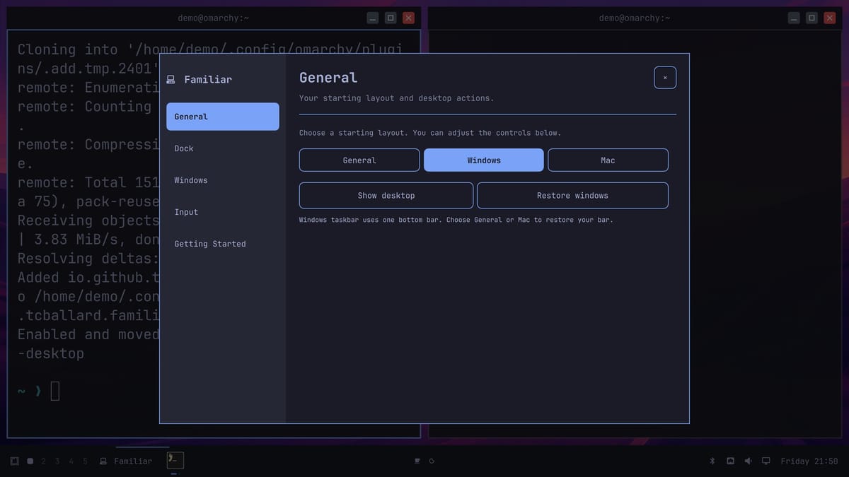 Familiar settings on the General page, with the starting layouts General, Windows, and Mac, Windows selected, and Show desktop and Restore windows buttons