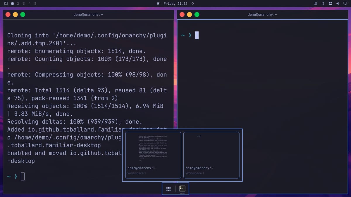 The Mac layout: two terminals with red, yellow, and green buttons on the left of their title bars, and the dock at the bottom showing previews of both terminal windows above the terminal icon