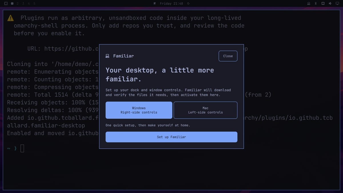 The Familiar setup window over the terminal, reading Your desktop, a little more familiar, with Windows Right-side controls selected, Mac Left-side controls beside it, and a Set up Familiar button