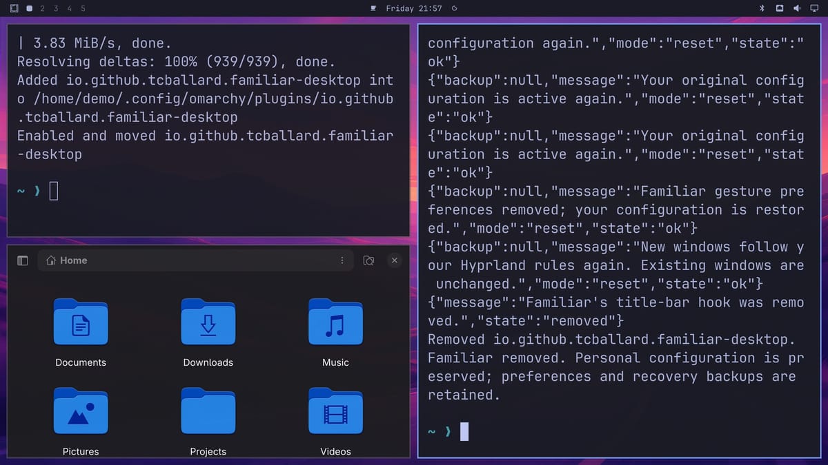 A terminal after the uninstall script, ending with Removed io.github.tcballard.familiar-desktop and Familiar removed. Personal configuration is preserved, and the windows without title bars