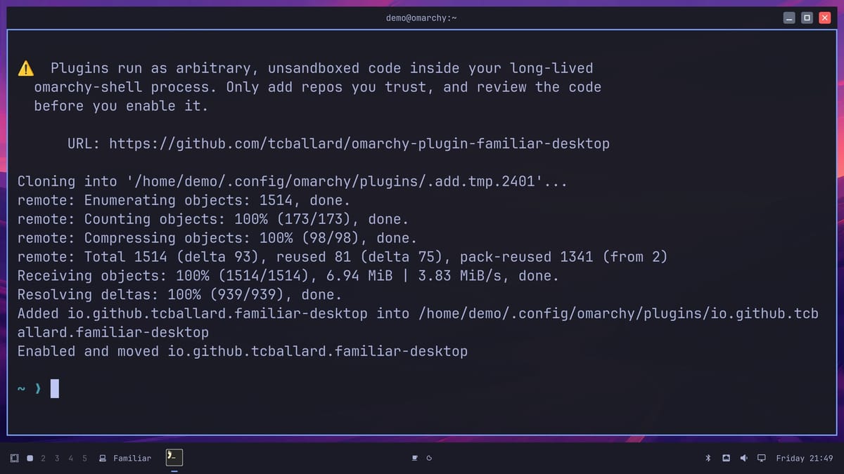 The Windows layout: a terminal with a title bar and minimize, maximize, and close buttons on the right, and the Omarchy bar moved to the bottom as a taskbar with a Familiar button, a terminal icon, and the clock on the right