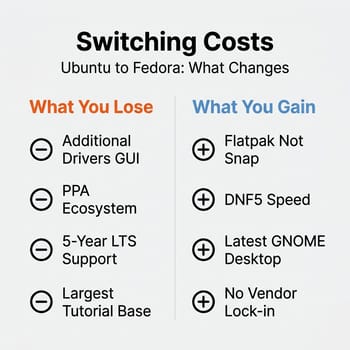 Switching costs comparison: what you gain vs what you lose moving from Ubuntu to Fedora