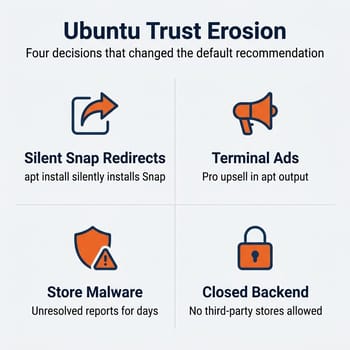 Four pillars of Ubuntu trust erosion: silent Snap redirects, terminal ads, Store malware, closed backend