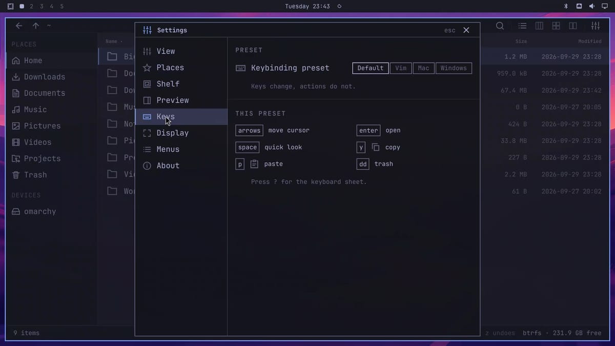 Flea's Settings on the Keys page, showing the keybinding preset choices Default, Vim, Mac, and Windows