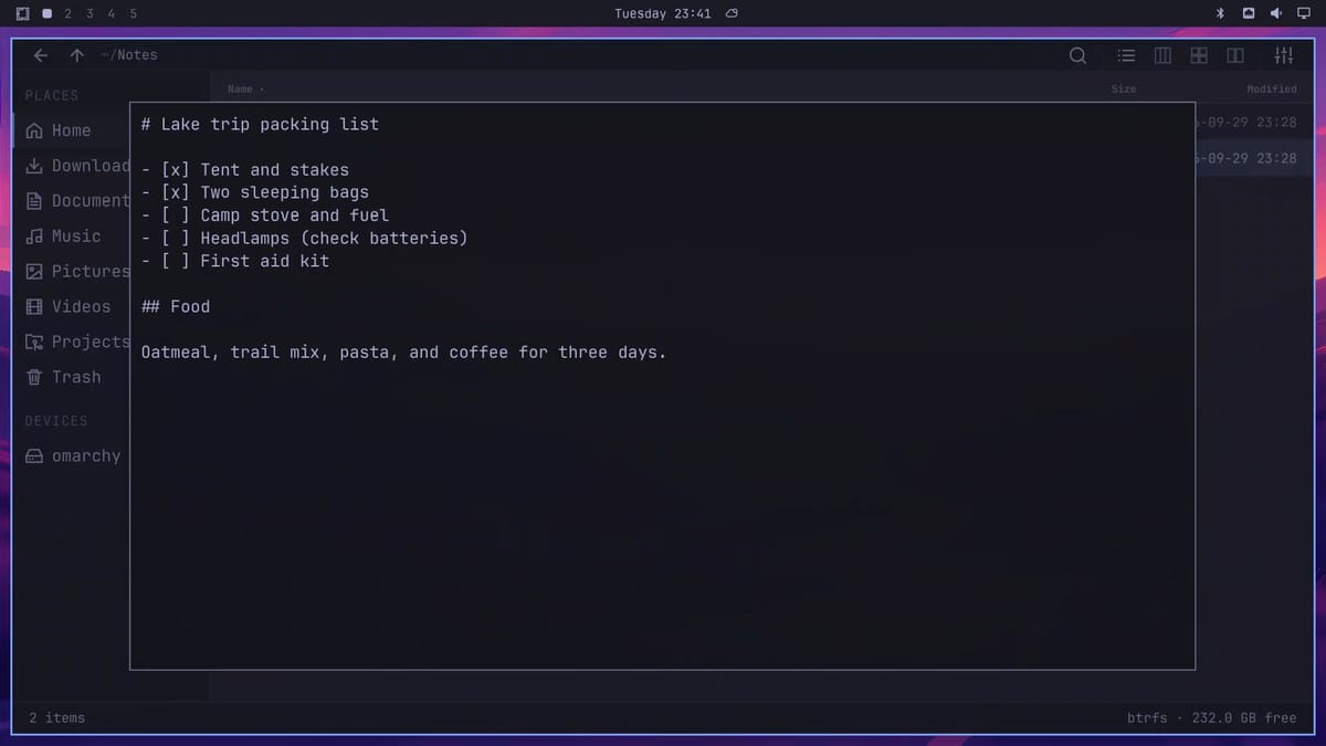 Flea's Quick Look showing a Markdown packing list as plain monospace text, with the heading marks and checkbox brackets still visible