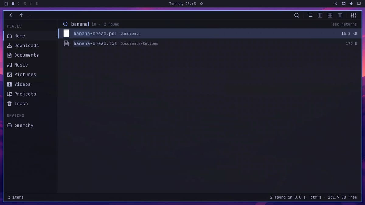 Flea search results for banana in the home folder, listing banana-bread.pdf in Documents and banana-bread.txt in Documents/Recipes, with 2 found in 0.0 s in the status bar