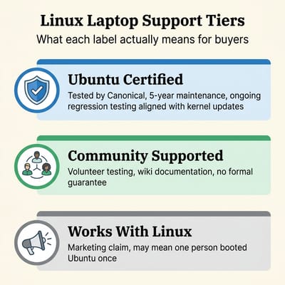Comparison chart showing three tiers of Linux laptop support: Ubuntu Certified with documented testing and 5-year maintenance, Community Supported with volunteer testing and no guarantees, and Works With Linux as unverified marketing claim