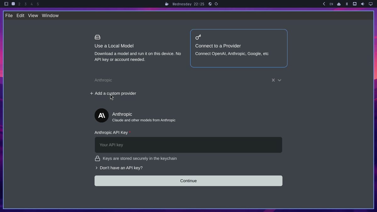 Goose Desktop's provider step with Anthropic chosen, an empty Anthropic API Key field with the placeholder Your API key, the line Keys are stored securely in the keychain, and a Continue button