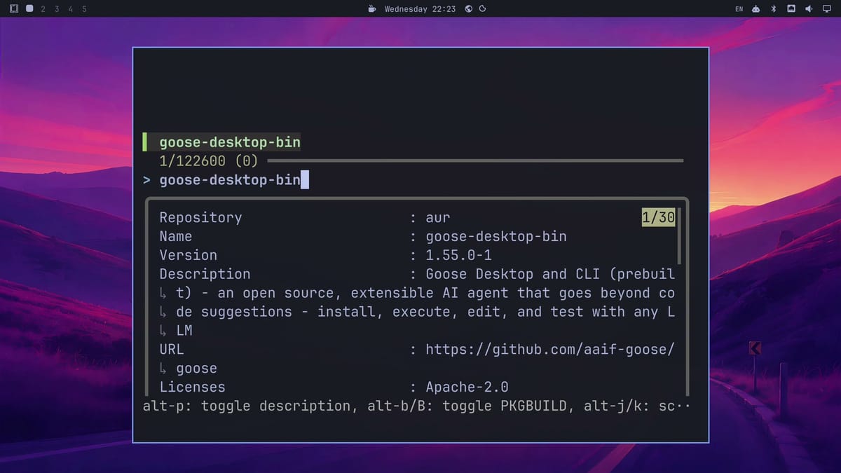 Omarchy's AUR search with goose-desktop-bin typed, one match out of 122,600 packages, and a preview showing repository aur, version 1.55.0-1, the description Goose Desktop and CLI, the github.com/aaif-goose address, and the Apache-2.0 license