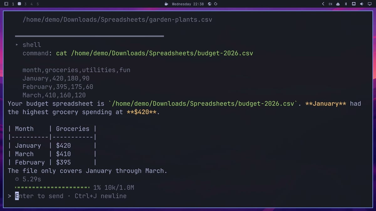 A goose session in the terminal: a shell tool call with cat on budget-2026.csv, the CSV rows, and the answer that January had the highest grocery spending at $420, followed by a Markdown table of the three months