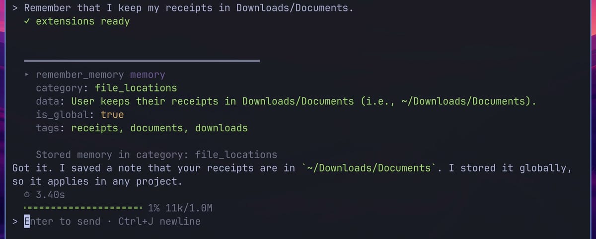 A goose session with the request Remember that I keep my receipts in Downloads/Documents, the remember_memory tool call with category file_locations and is_global true, and the reply Got it. I saved a note that your receipts are in ~/Downloads/Documents