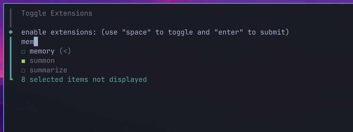 goose configure, Toggle Extensions, with mem typed and the list filtered to memory, summon, and summarize, plus the line 8 selected items not displayed