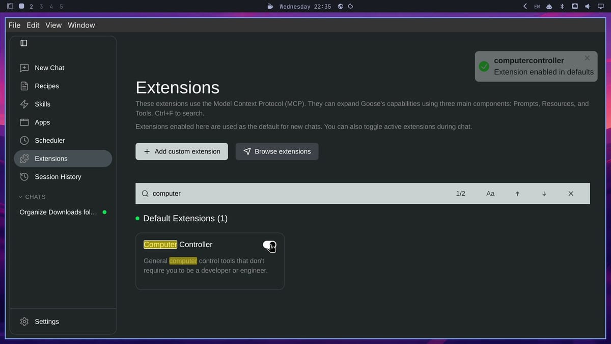 Goose Desktop's Extensions page with computer typed in the search bar, the Computer Controller card switched on, and the message computercontroller, Extension enabled in defaults
