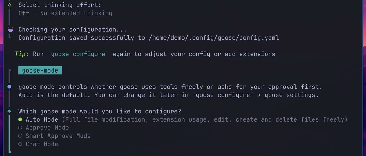The end of goose configure: Configuration saved successfully to the config.yaml file, then the goose-mode question with Auto Mode selected above Approve Mode, Smart Approve Mode, and Chat Mode