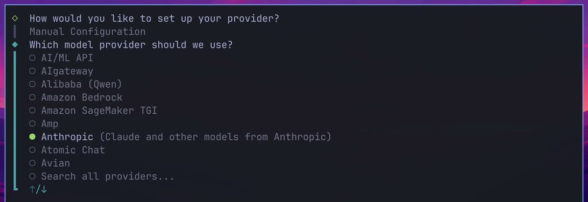goose configure in a terminal after Manual Configuration, with Which model provider should we use? and Anthropic, Claude and other models from Anthropic, selected in the alphabetical list