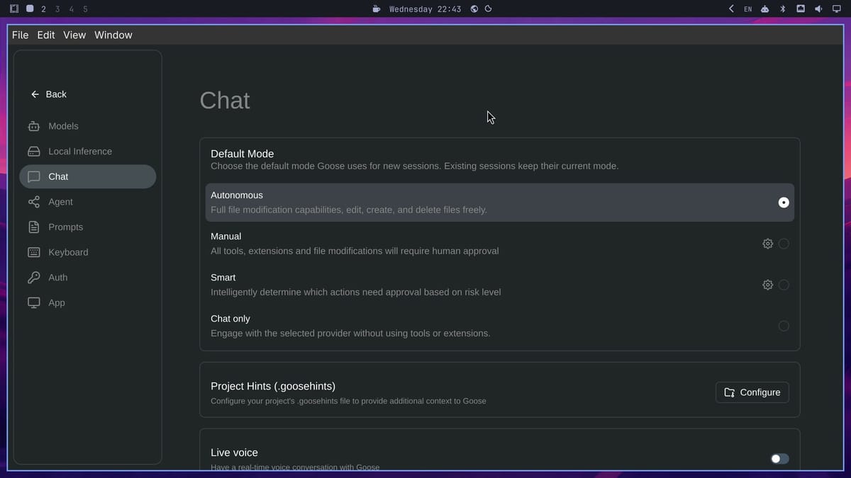 Goose Desktop Settings on the Chat tab, with the Default Mode section listing Autonomous (selected), Manual, Smart, and Chat only, each with its description