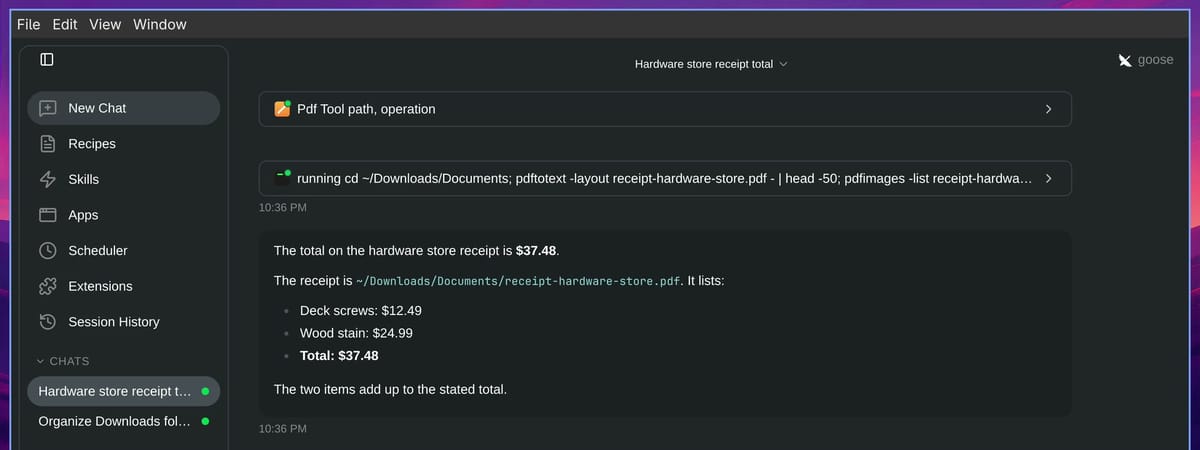 Goose Desktop chat titled Hardware store receipt total, with a Pdf Tool call and a pdftotext shell call above the answer: the total is $37.48, Deck screws $12.49, Wood stain $24.99
