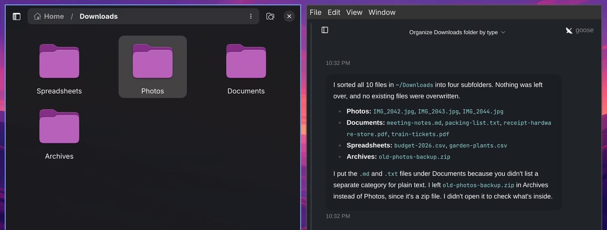 Files showing the new Spreadsheets, Photos, Documents, and Archives folders in Downloads, next to Goose Desktop's reply: I sorted all 10 files in ~/Downloads into four subfolders, with each folder's files listed