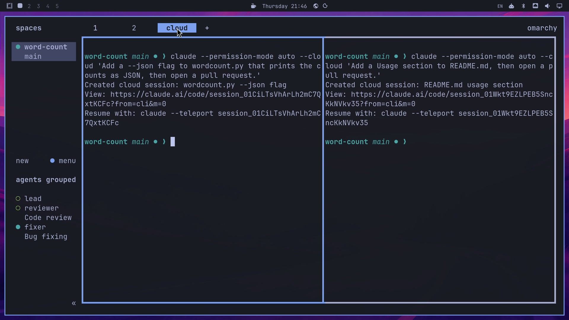 Herdr's cloud tab with two panes, each showing a claude --permission-mode auto --cloud command followed by Created cloud session, a claude.ai View link, and a Resume with claude --teleport line