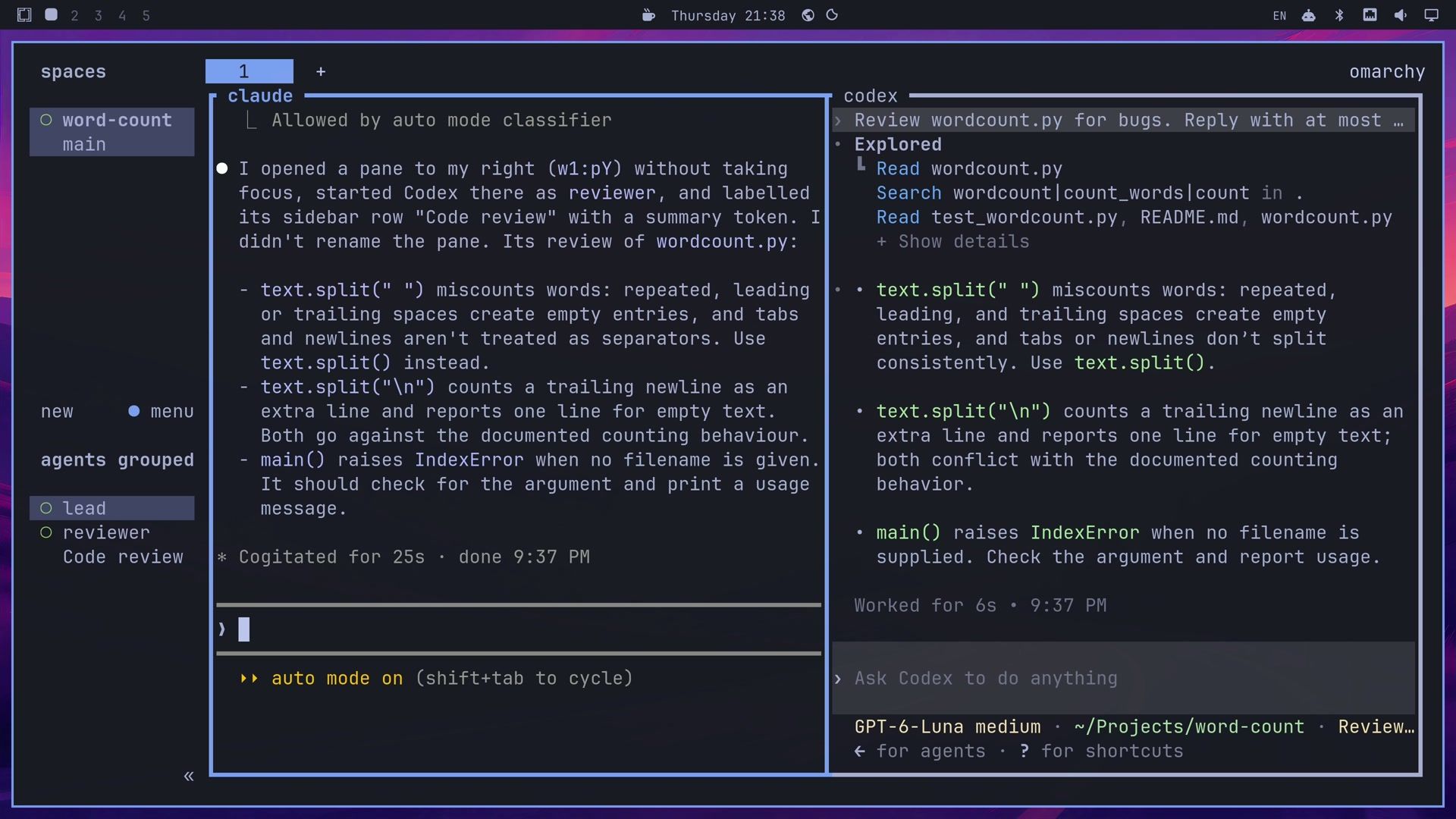 Herdr with the lead Claude Code pane on the left and Codex on the right, each pane border labeled with the agent's name, Codex's three bullets about split calls and a missing filename check, and the sidebar rows lead and reviewer with the label Code review