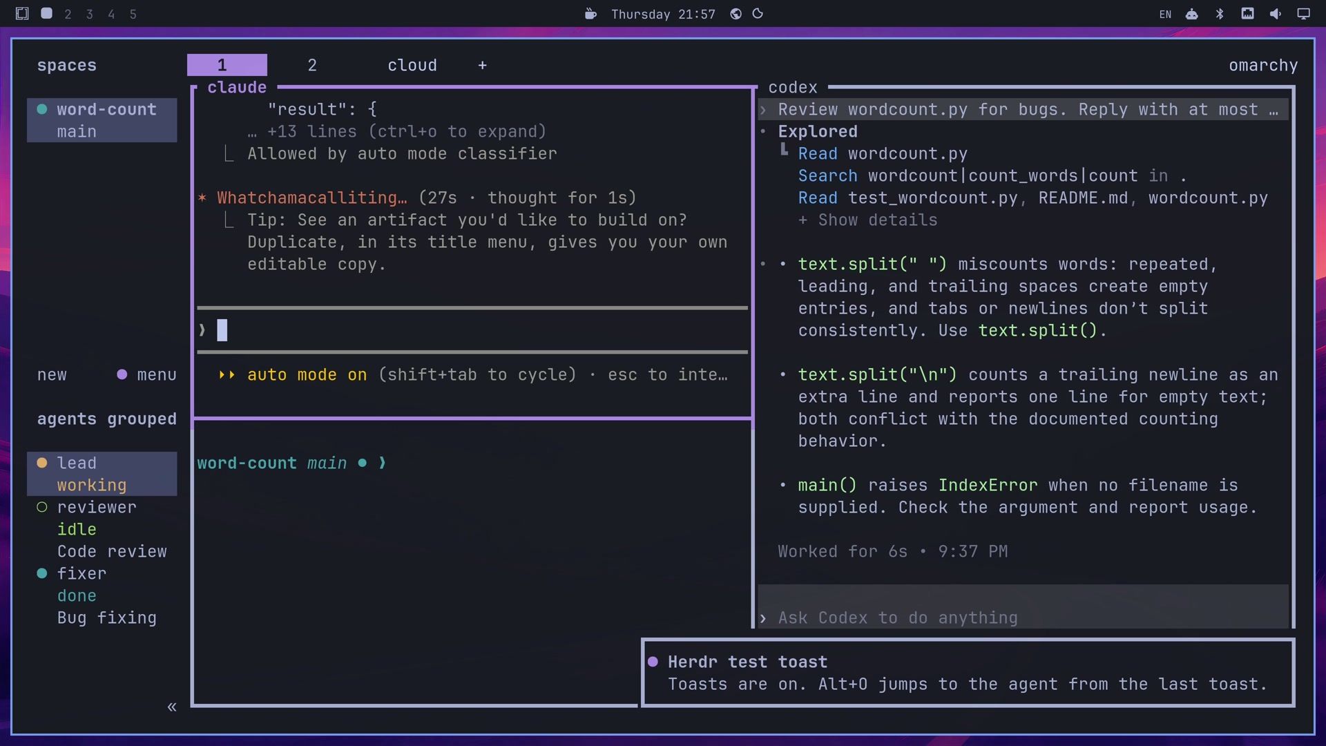 Herdr after the lead's settings change, with magenta tab and pane borders, sidebar rows showing lead working, reviewer idle with Code review, fixer done with Bug fixing, and a test toast in the bottom corner reading Toasts are on