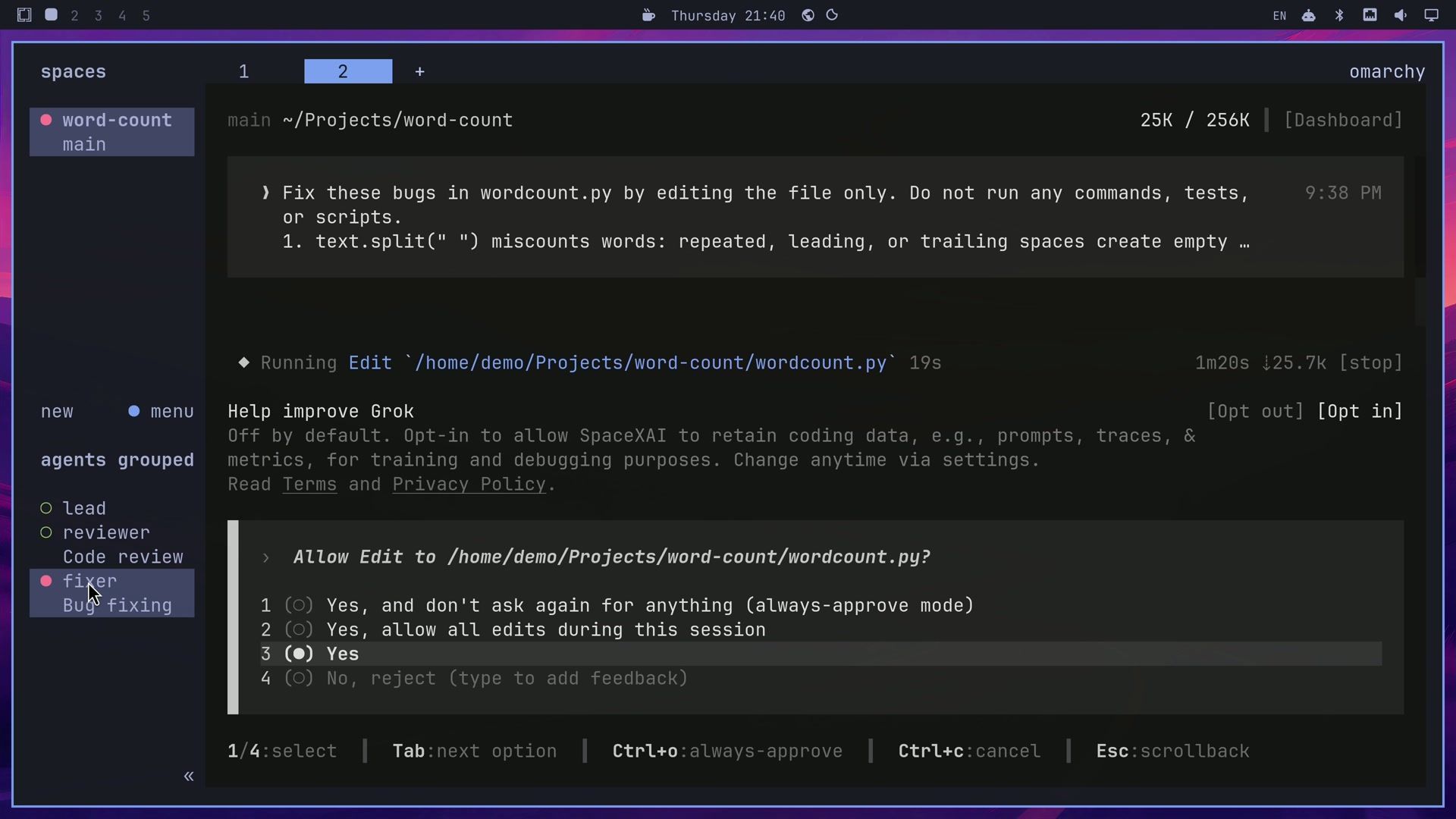 Grok in Herdr's second tab asking Allow Edit to wordcount.py with four options, while the sidebar shows the fixer row with a red dot and the label Bug fixing