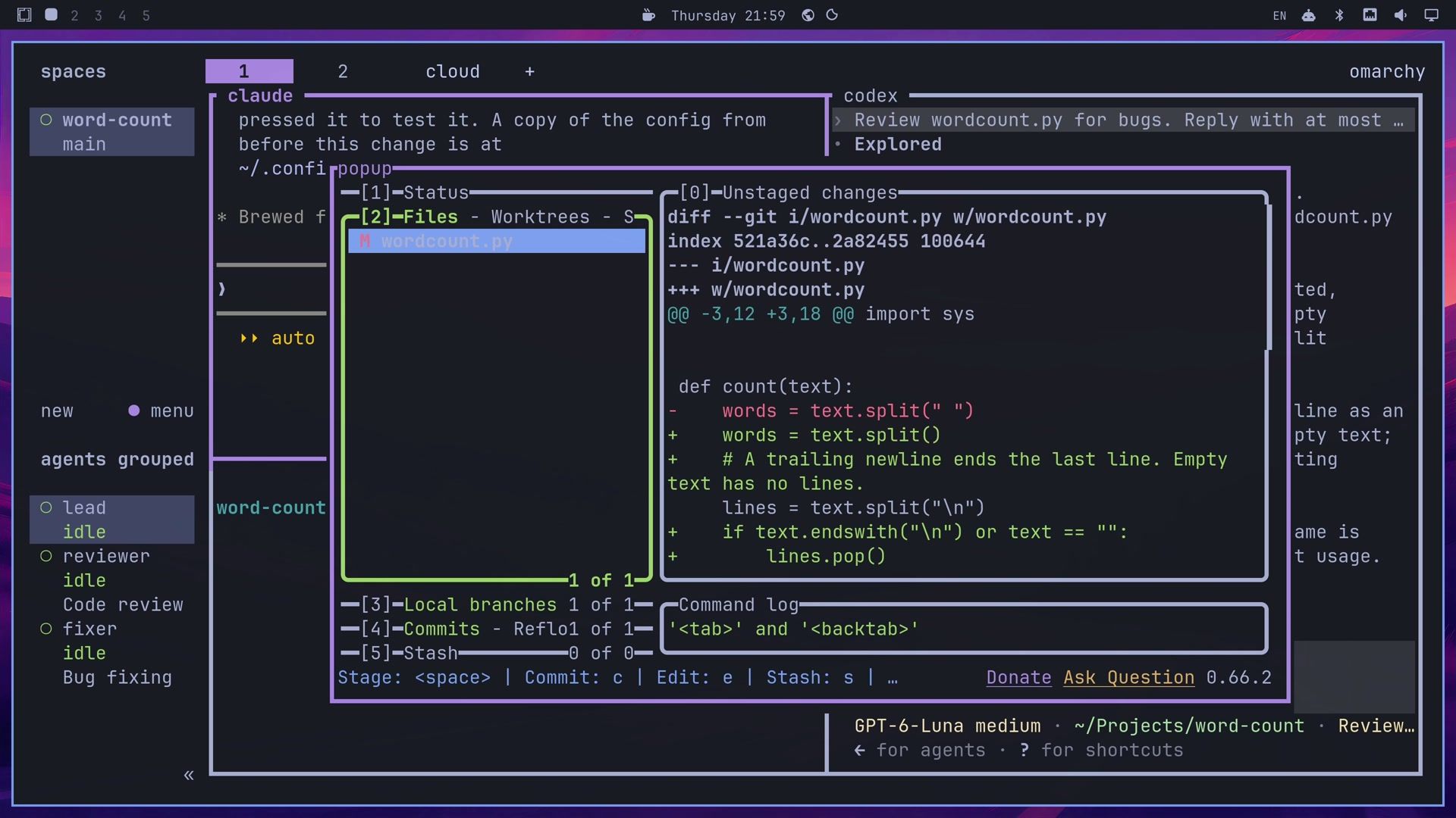 A lazygit popup floating over Herdr's panes, with wordcount.py in the Files list and a diff replacing text.split with a space by text.split() and adding a trailing newline check
