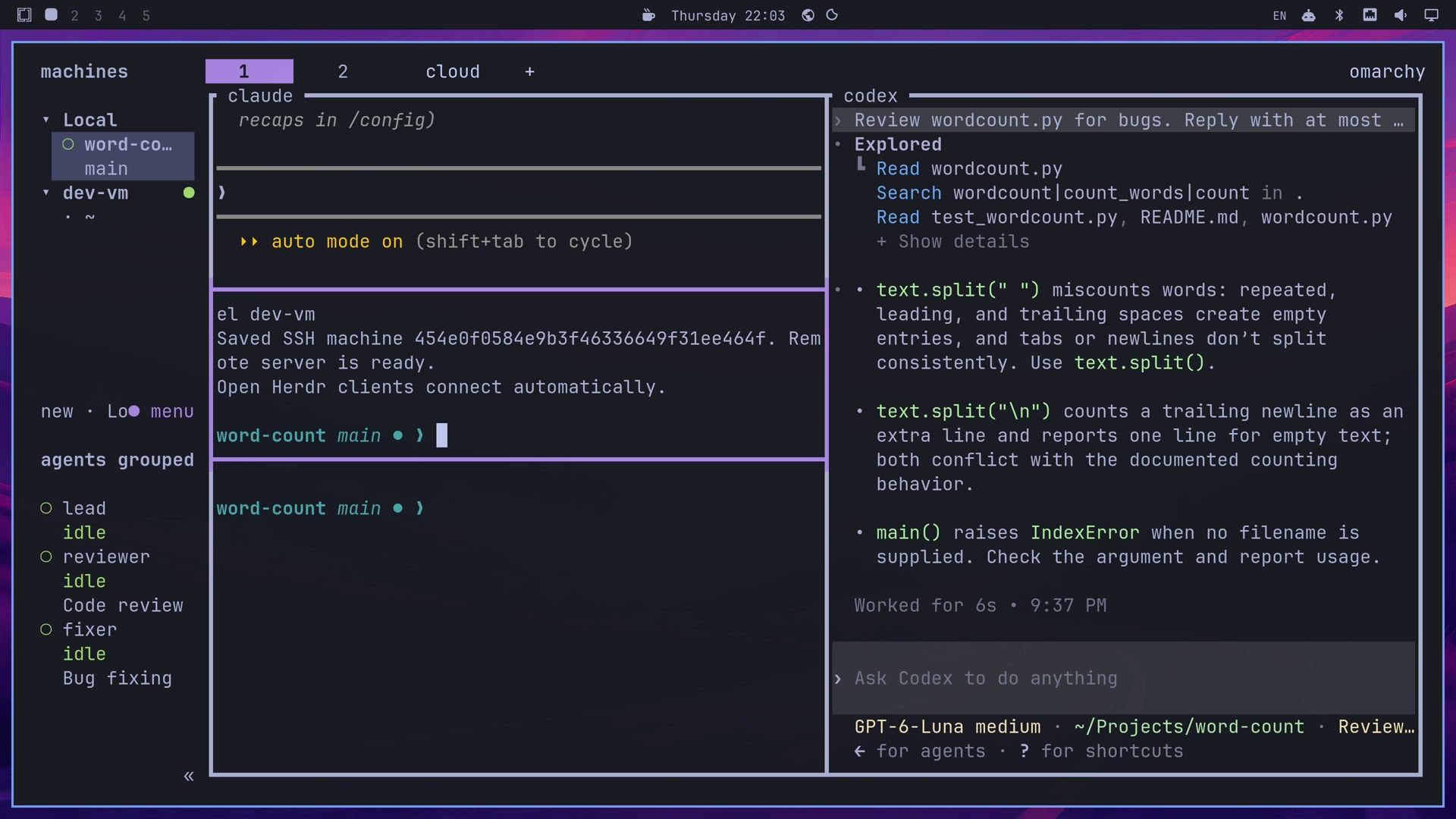 Herdr after herdr machine add, with the output Saved SSH machine and Remote server is ready in a pane, and the sidebar heading machines listing a Local group and a dev-vm group with a green dot