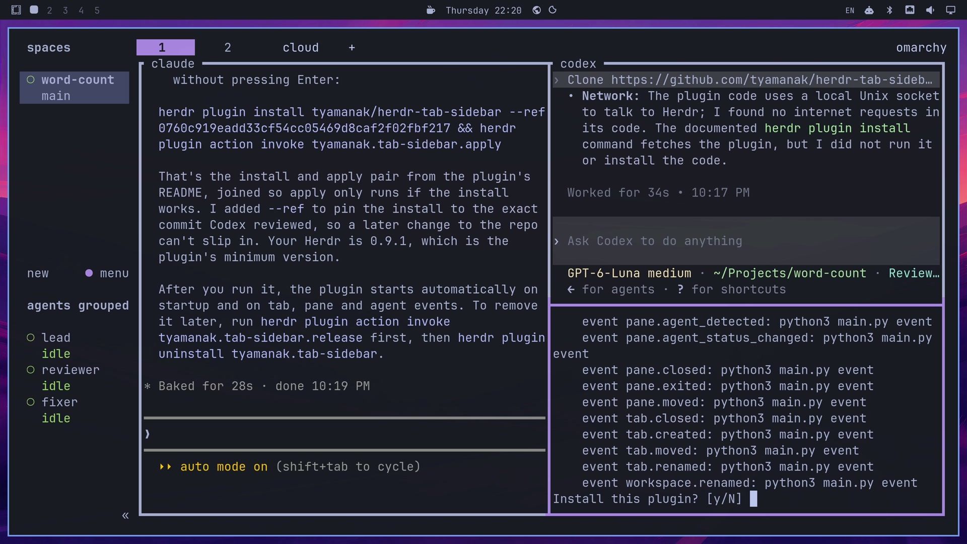 The lead's message with the herdr plugin install command pinned with --ref and the apply action, and below Codex a pane listing the plugin's event commands, each python3 main.py event, ending with Install this plugin? y/N