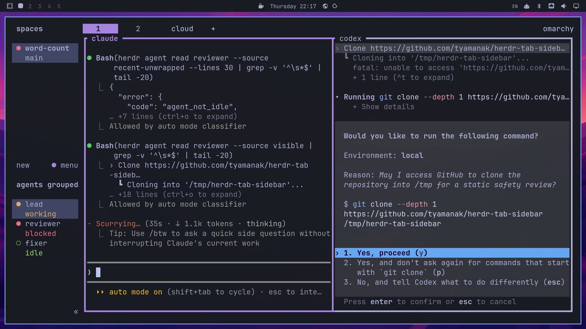 Codex asking Would you like to run the following command, with the reason May I access GitHub to clone the repository into /tmp for a static safety review and the git clone command, while the sidebar shows the reviewer row as blocked