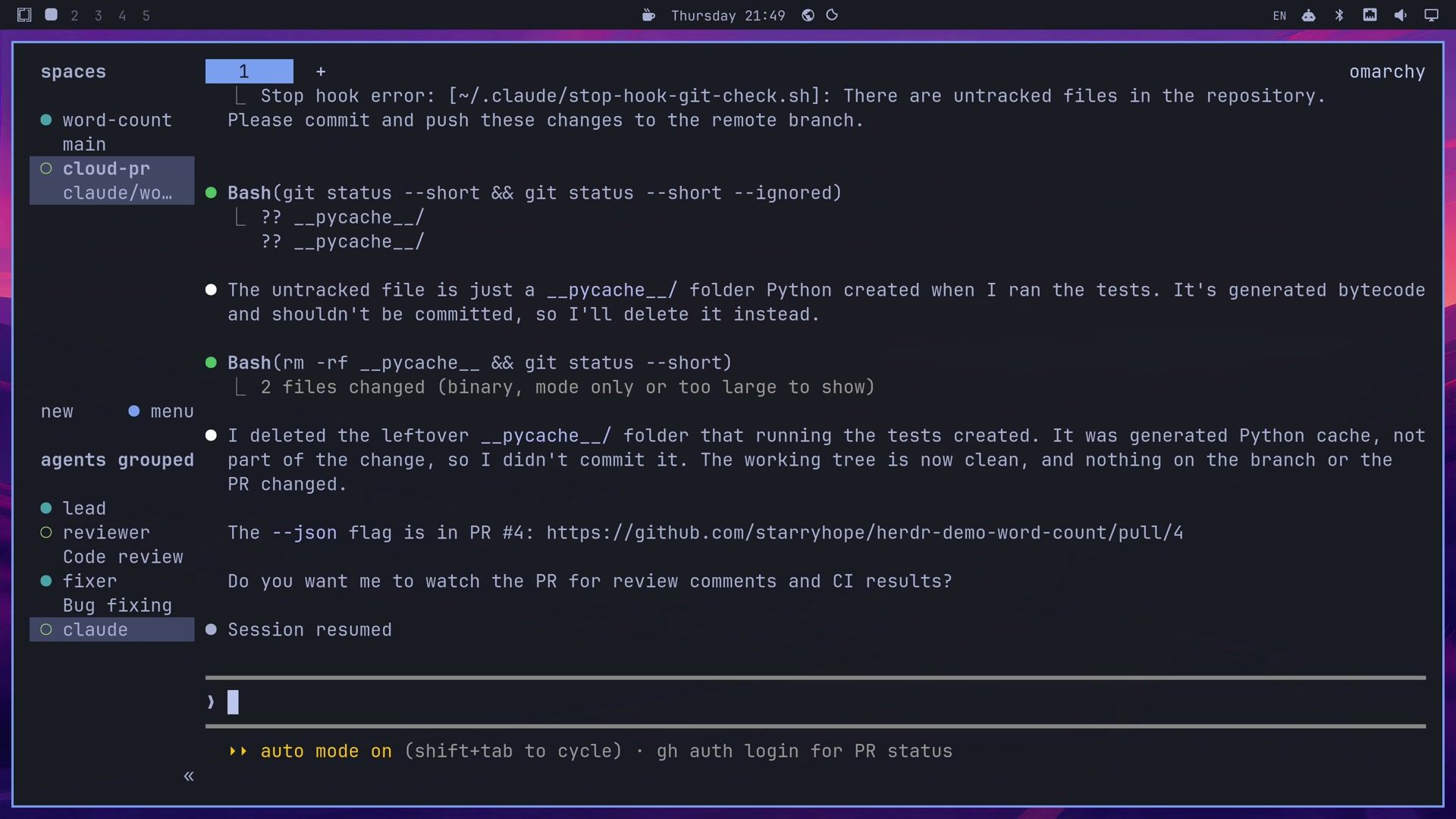A Herdr workspace named cloud-pr with the resumed cloud conversation, its last answer saying the --json flag is in PR 4 on the herdr-demo-word-count repository, and Session resumed at the bottom