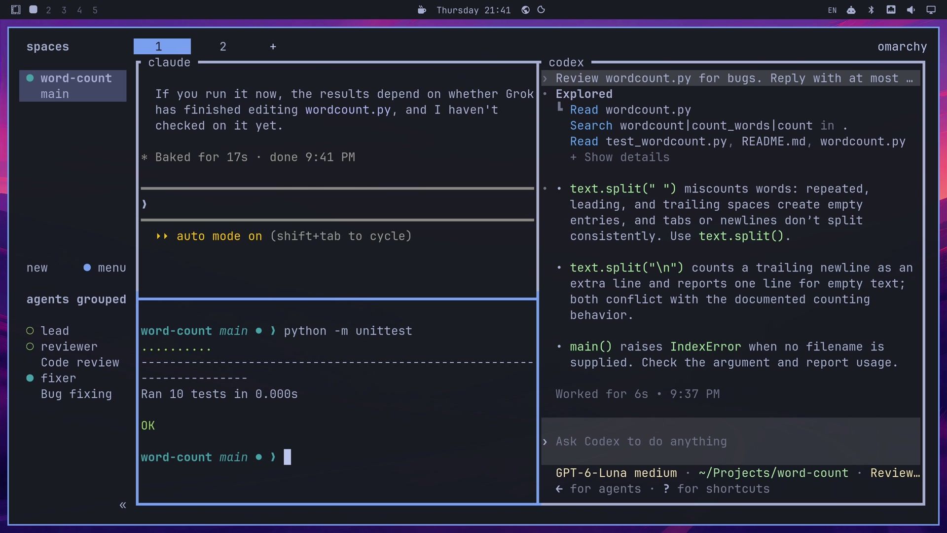 The pane below the lead after running python -m unittest, showing Ran 10 tests and OK, with Codex's review still on the right and the fixer row's dot teal in the sidebar