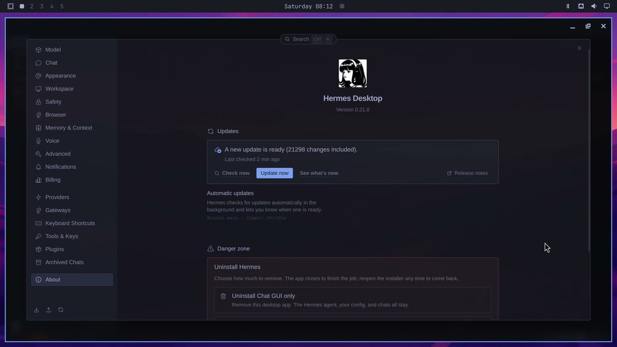 Hermes Settings on the About page, showing Hermes Desktop Version 0.21.0, A new update is ready (21298 changes included) with Check now, Update now, and See what's new, and a Danger zone with Uninstall Hermes below